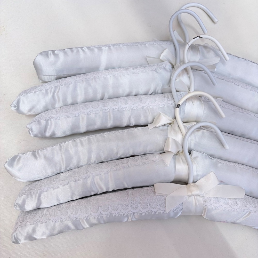 Vintage Padded Satin Hangers Set of 6 Silver Grey Lace Bow Bridal Lingerie